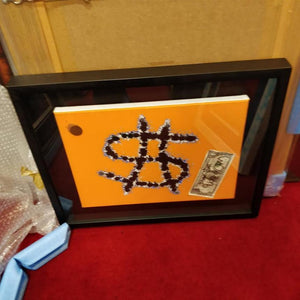 Orange and black dollar shot canvas with signed $1 bill (2014)